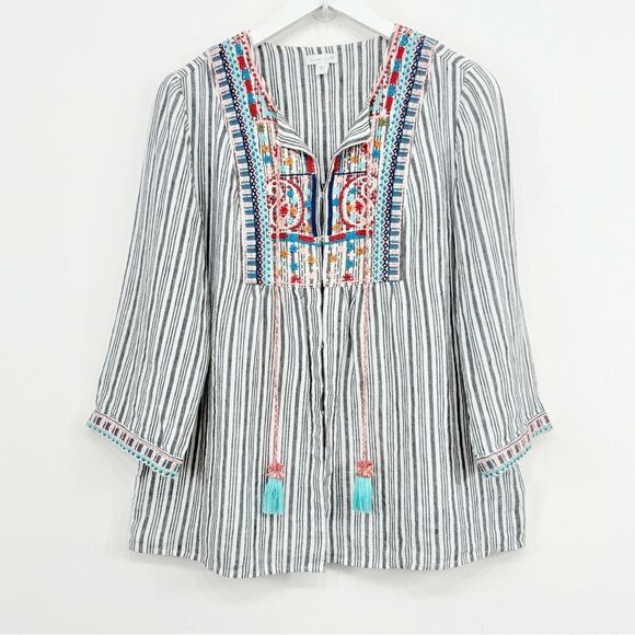 J. Jill White Blue Stripe Colorful Embroidered Ethnic Boho Festival Linen Jacket - Picture 3 of 13